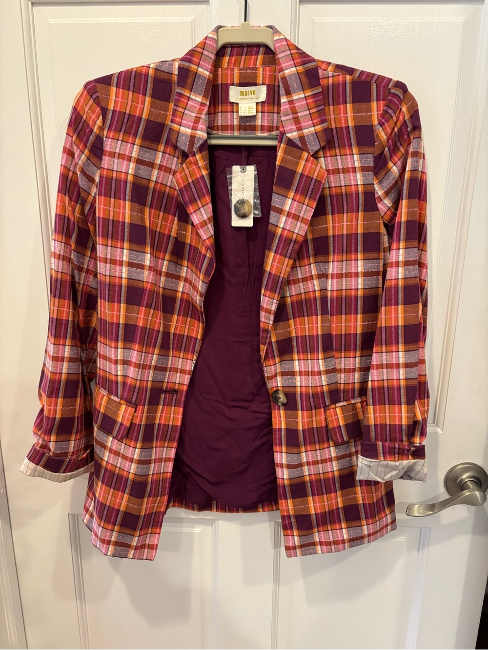 Anthropologie Plaid Blazer in Burgundy, Orange & Pink